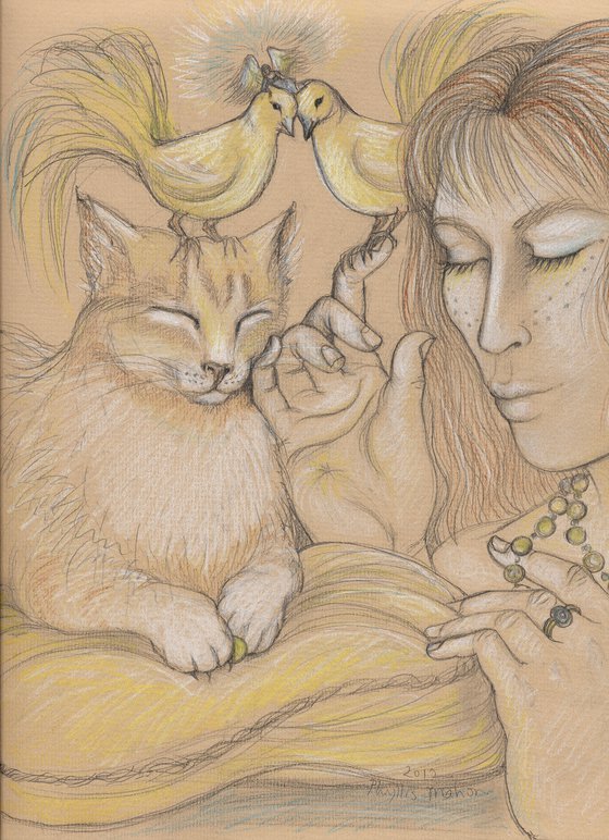Cat - Feline Fantasy - Doves and Tiny Angel