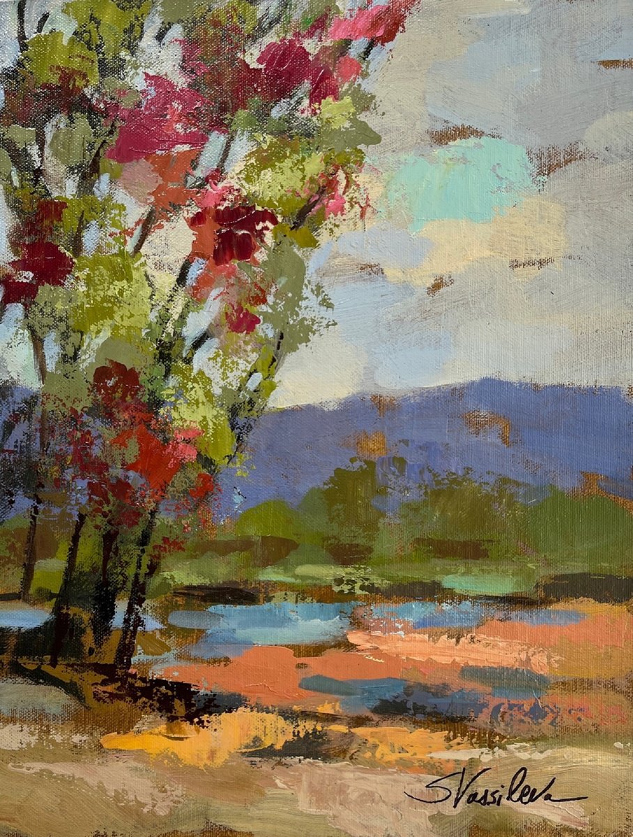 Impressionistic Landscape Acrylic Painting By Silvia Vassileva, 11 X 14", River Edge Ii, Original Artwork