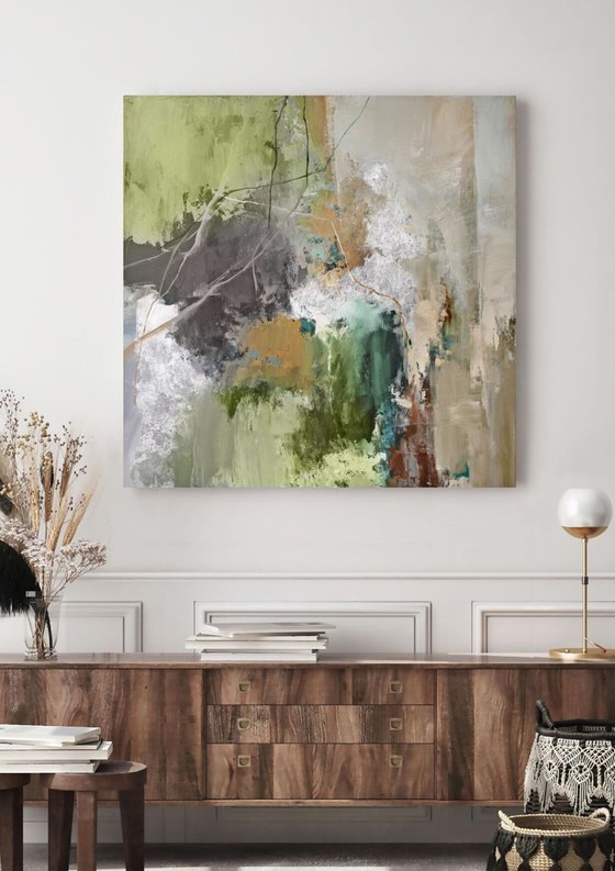 "Olive Hill 2" Green silver abstract art