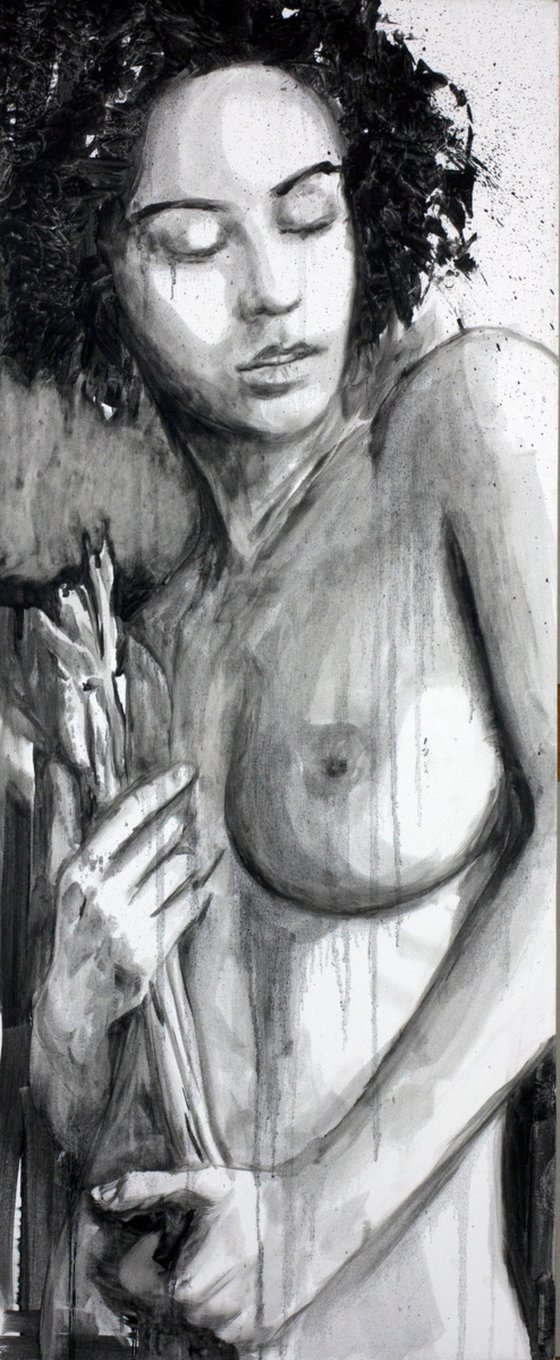 The girl in the black and white painting is holding something that resembles flowers.