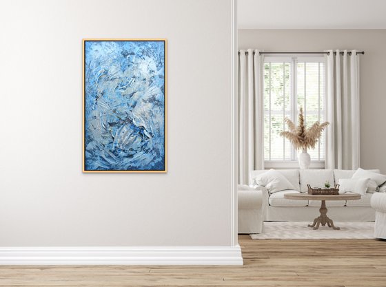 SILVER WAVES. Large Abstract Vertical Blue Silver Textured Painting