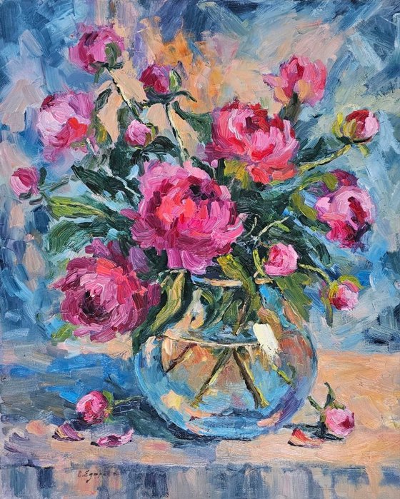 Peonies in Clear Glass Vase
