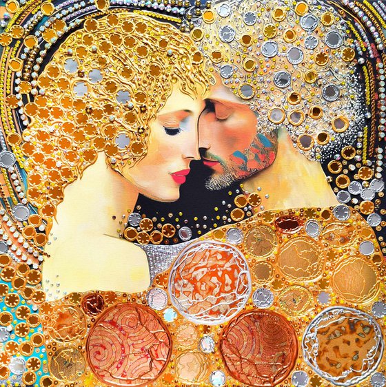 Love original painting. Golden decorative artwork with gold leaf. Gift for woman \ wife