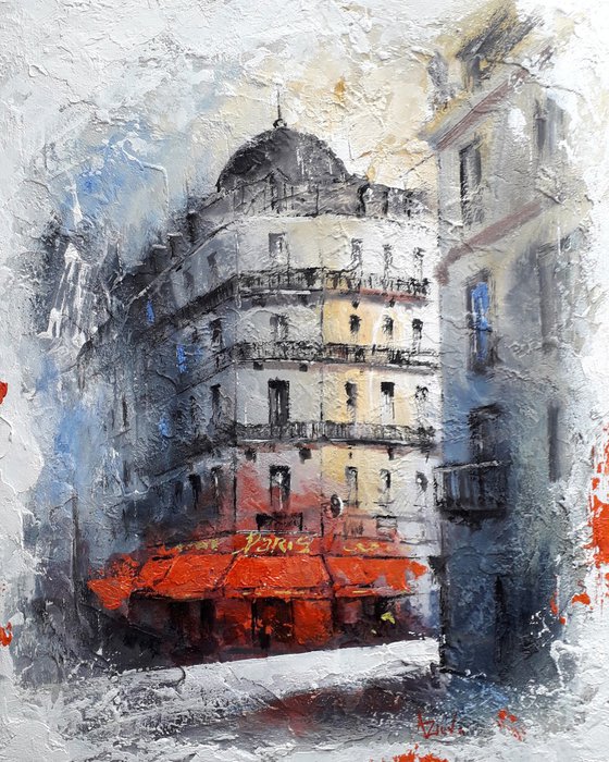 Parisian cafe. Urban landscape. Graphics on texture