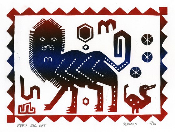 Peru Big Cat Linocut Hand Pulled Original Relief Print Edition of 30