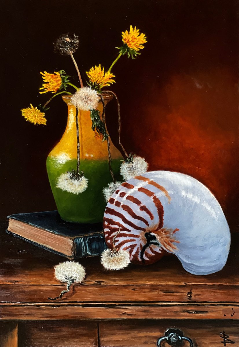 Impressionistic Still Life Oil Painting By Oleg Baulin, 14 X 20", Still Life With Dandelion, Original Artwork