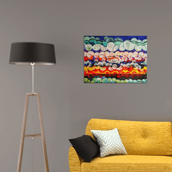 Unique sunset (60x80cm, cubism, oil painting, ready to hang)