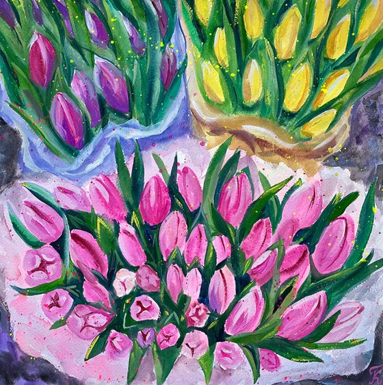 Tulips Original Gouache Painting, Flower Watercolor Art, Bouquet Artwork, Cottagecore Aesthetic