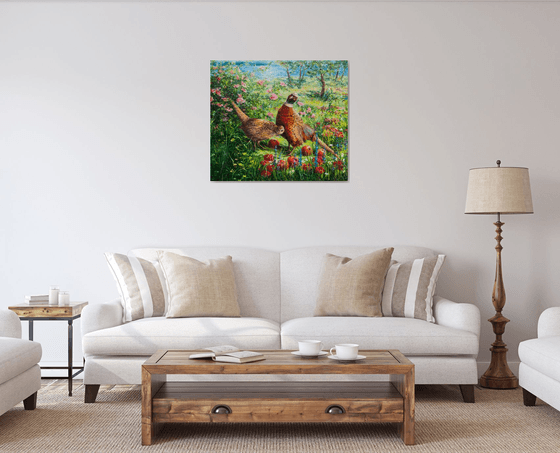 PHEASANTS IN APPLE GARDEN