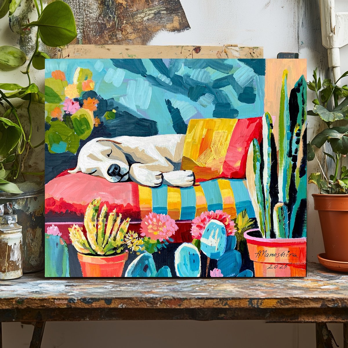 Impressionistic Animal Acrylic Painting By Anastasia Mamoshina, 22 X 18, Sunny Siesta, Original Artwork