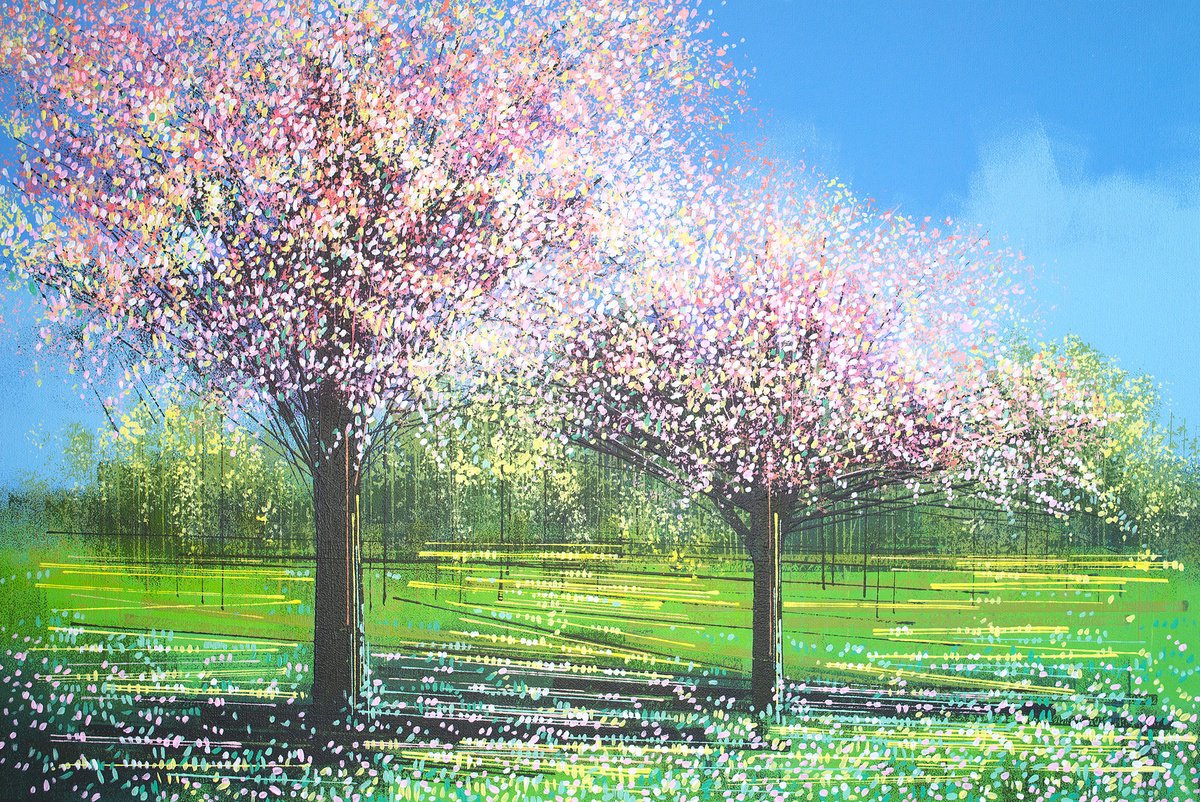 Impressionistic Landscape Acrylic Painting By Marc Todd, 30 X 20", Orchard Spring Blossom Trees, Original Artwork