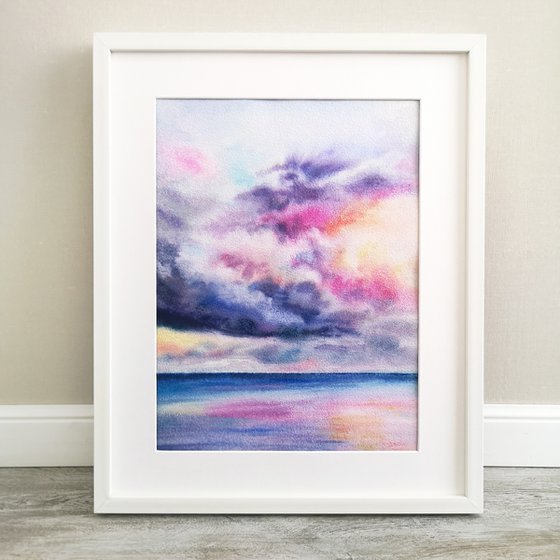 Sea, ocean landscape watercolor painting