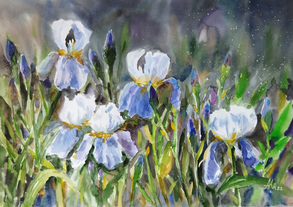 Impressionistic Botanical Watercolour By Ann Krasikova, 20 X 14, Twilight Irises, Original Artwork