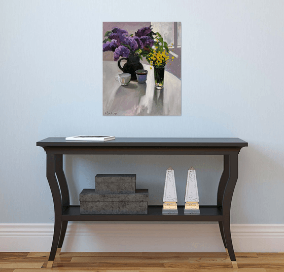 Sill Life with Lilac and yellow wildflowers