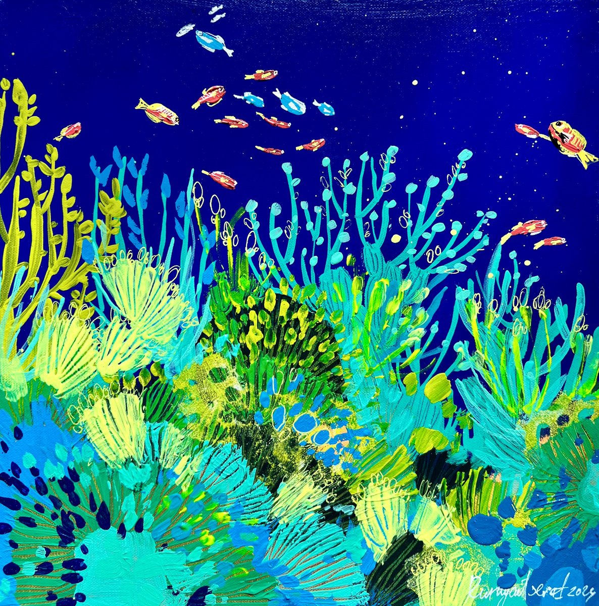 Impressionistic Abstract Acrylic Painting By Irina Rumyantseva, 16 X 16, Underwater Life 8, Original Artwork