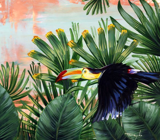 In the jungle. Toucan. Green plants...