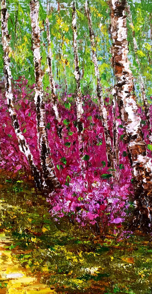 ALONE WITH NATURE - Blooming forest. Blooming shrubs. Pink labrador. Path. Thicket. Summer day. Birch. by Marina Skromova