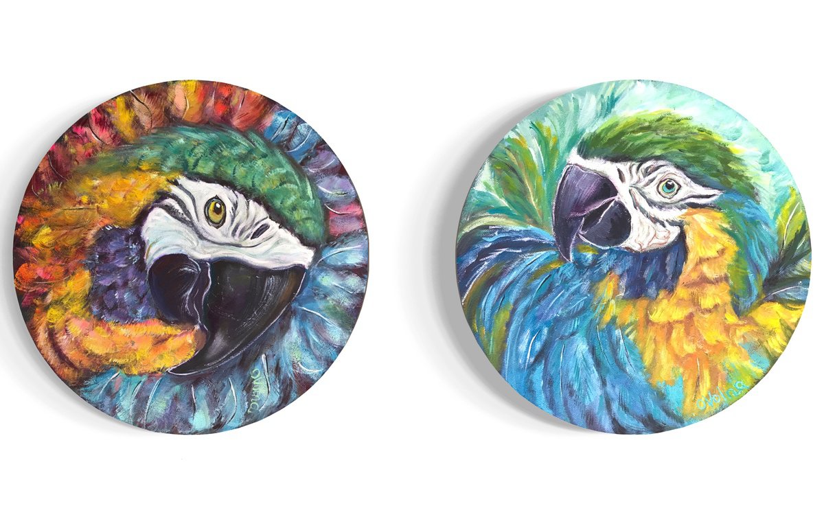 Impressionistic Botanical Oil Painting By Olga Volna, 16 X 16", Diptych Round Parrots, Original Artwork