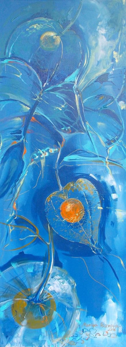 Organic Botanical Acrylic Painting By Maria Paunova, 12 X 31", Blue Morning, Original Artwork
