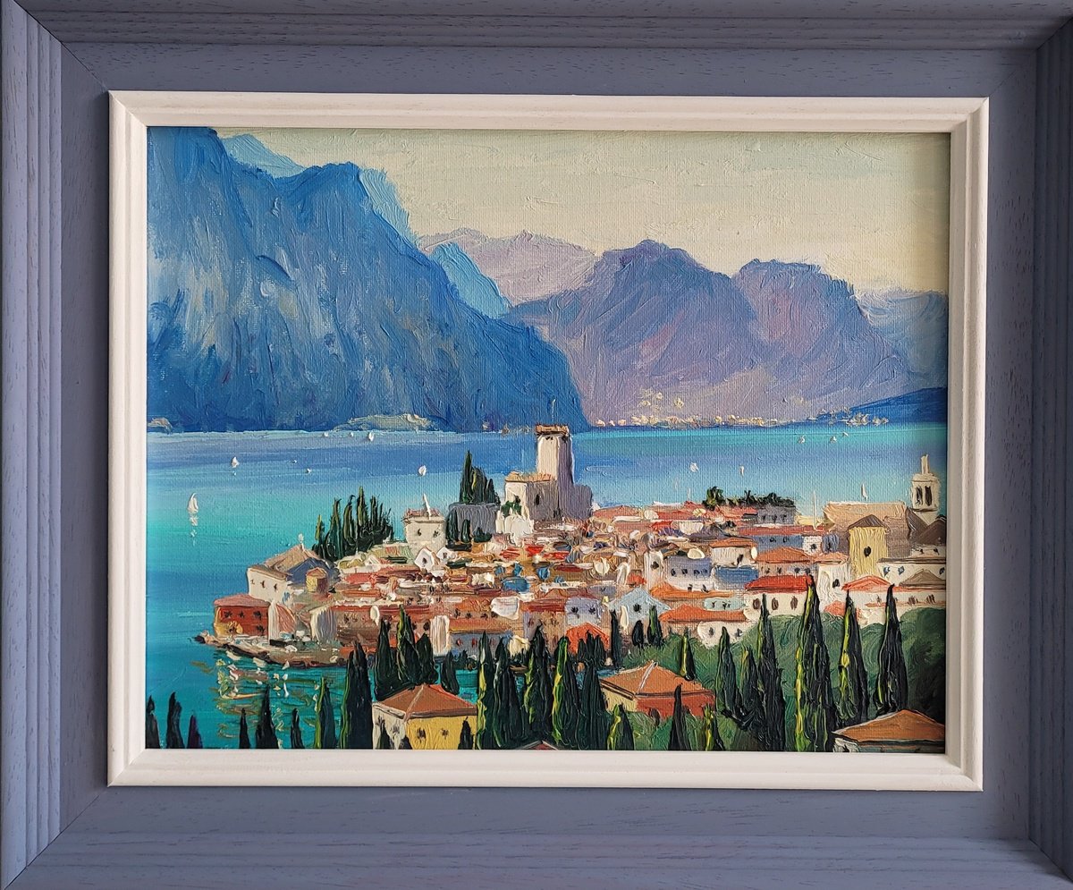 Impressionistic Cityscapes Oil Painting By Roberto Ponte, 18 X 15", Lake Garda Melcesine, Original Artwork