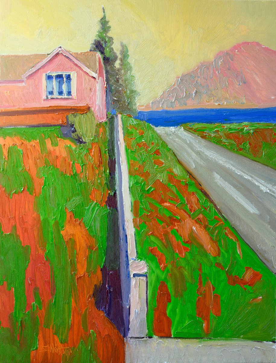 Expressive Landscape Oil Painting By Suren Nersisyan, 22 X 28", Pink House And The Road, Original Artwork