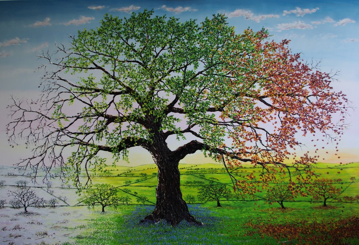 Impressionistic Landscape Oil Painting By Hazel Thomson, 72 X 48, The Oak Of All Seasons, Original Artwork