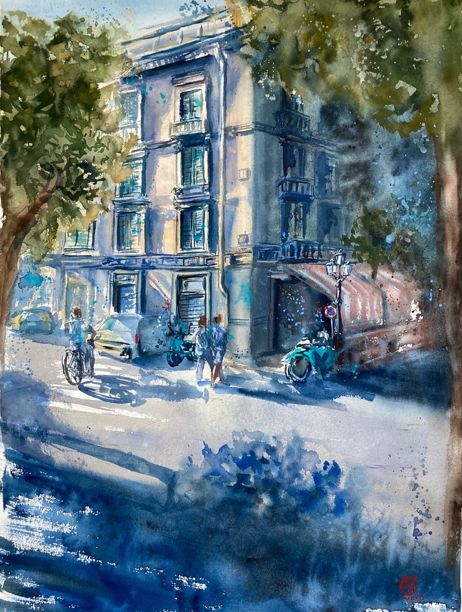 Impressionistic Cityscapes Watercolour By Valeria Golovenkina, 22 X 30", San Remo Street, Original Artwork