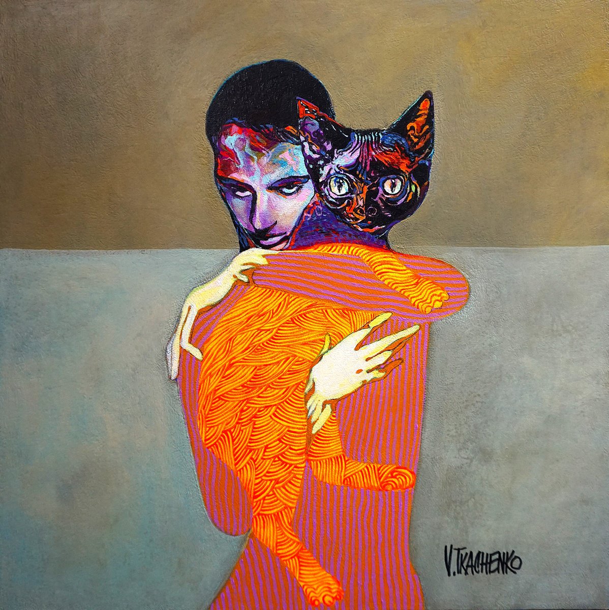 Organic Portrait Acrylic Painting By Victor Tkachenko, 24 X 24", Two Buddies, Original Artwork