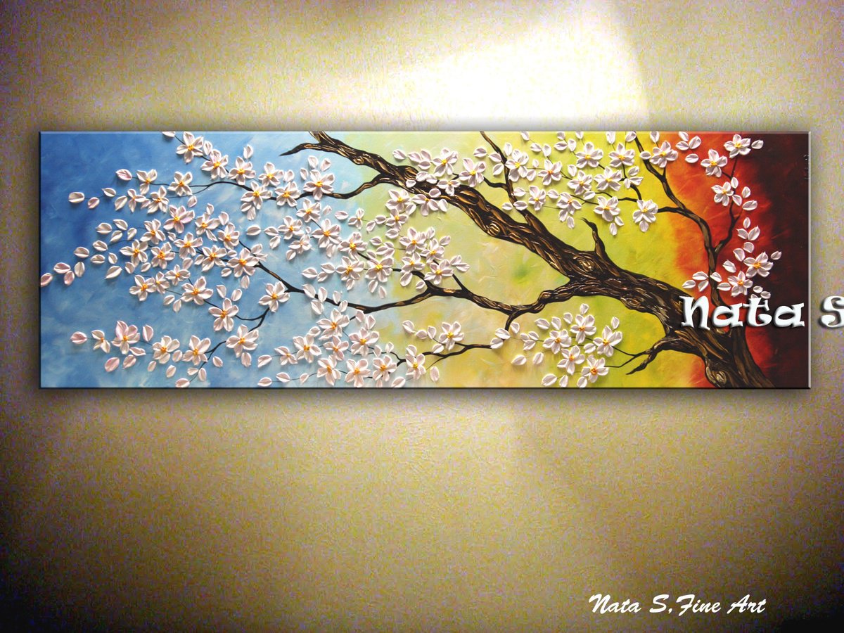 Blossom Plum -  Large Textured Flowers Painting 60 x 20 by Nataliya Stupak