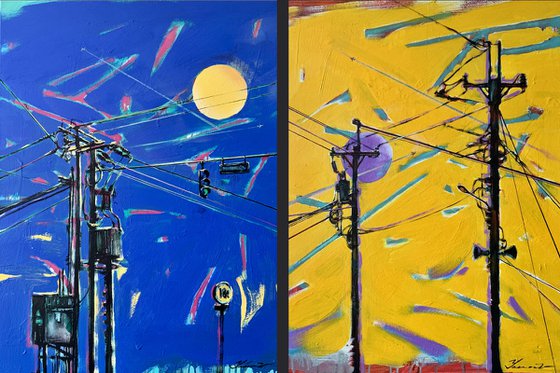 Urban painting - "Ukrainian electricity" - Pop art - Bright - Street art - Diptych - Electric pole - Urban - Sunset