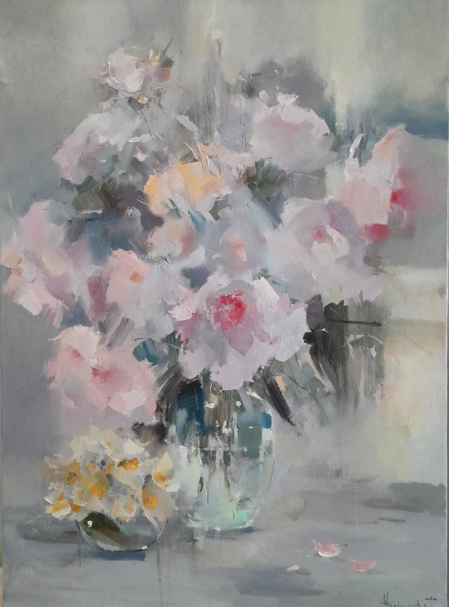 Impressionistic Botanical Oil Painting By Tatyana Barinova, 32 X 44", Simple Conversation, Original Artwork