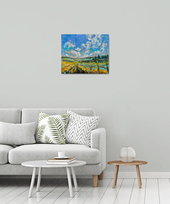 Fields - Yellow mood, 50*60 cm, impasto impressionistic landscape oil painting in yellow and blue colours