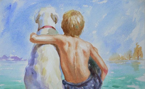 original watercolour painting boy and dog on paper#16-11-18