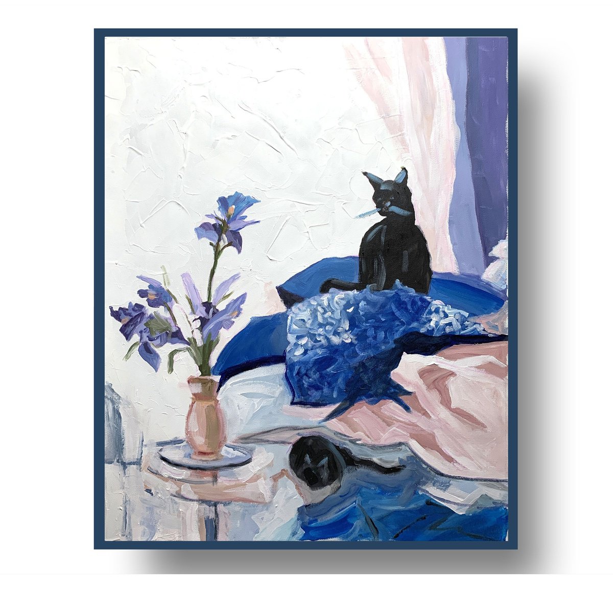 Impressionistic Animal Acrylic Painting By Vita Schagen, 16 X 20", The Iris And The Cat., Original Artwork
