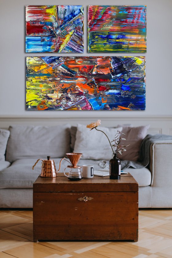 "We Are New In Town" - Save As A Series - Original PMS Large Oil Painting Triptych on One Large Recycled Wooden Panel and Two Canvas- 41 x 34 inches