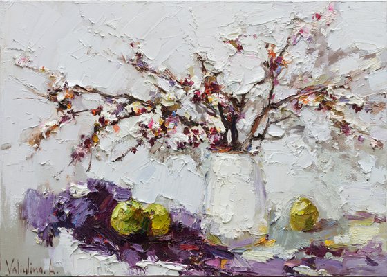 Spring still life with flowering branch Original Oil painting