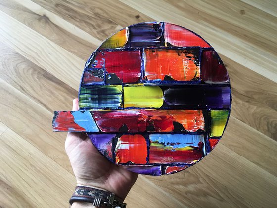 "We Can Build On It" - FREE USA SHIPPING - Original PMS Assemblage Sculptural Painting On Wood, Tondo - 9.5 x 8 inches