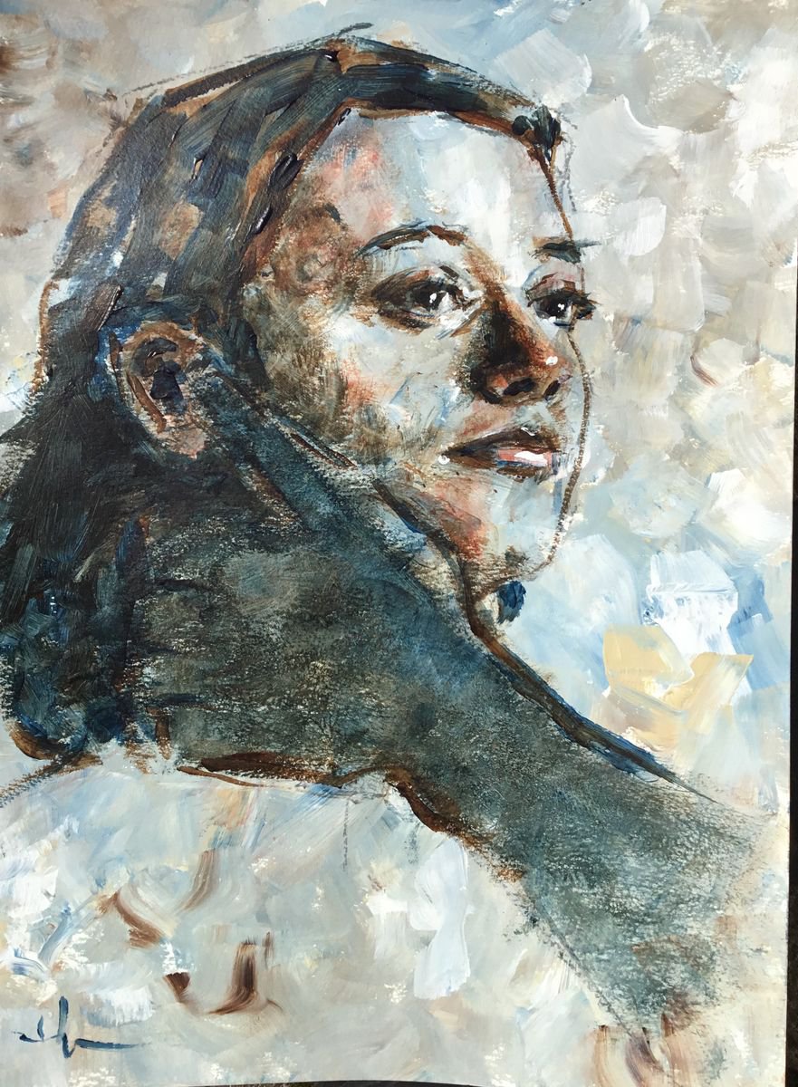 Expressive Portrait Acrylic Painting By Dominique Deve, 12 X 16, The Blue Hand, Original Artwork
