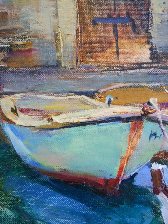 Boats in the old town of Montenegro. Original oil painting