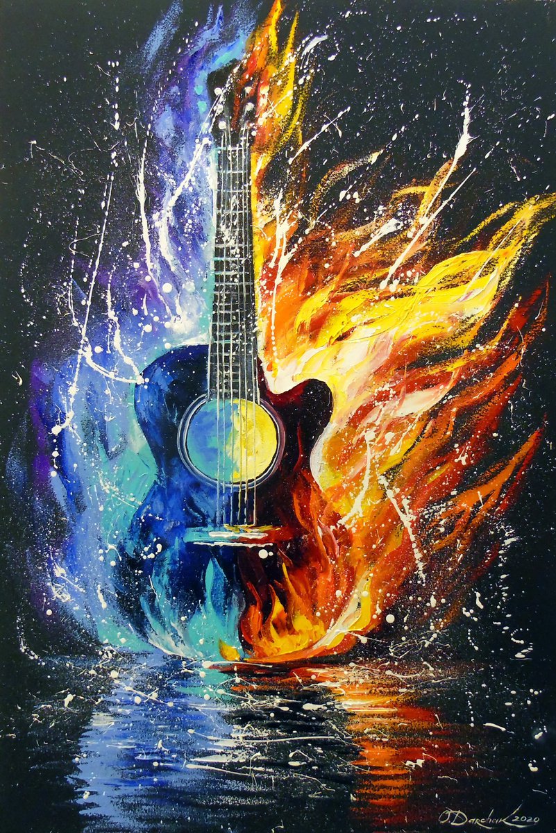 Impressionistic Abstract Oil Painting By Olha Darchuk, 24 X 35", Bass Guitar, Original Artwork