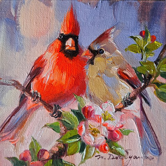 Two red bird Cardinal painting original oil canvas framed 5x5 inch, Love art gift for anniversary