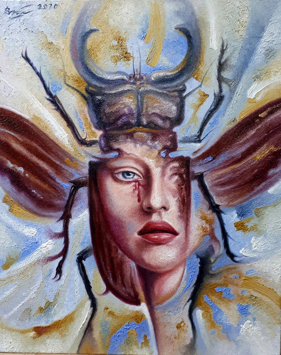Surrealistic Portrait Oil Painting By Serhii Voichenko, 16 X 20", Beetle Woman, Original Artwork