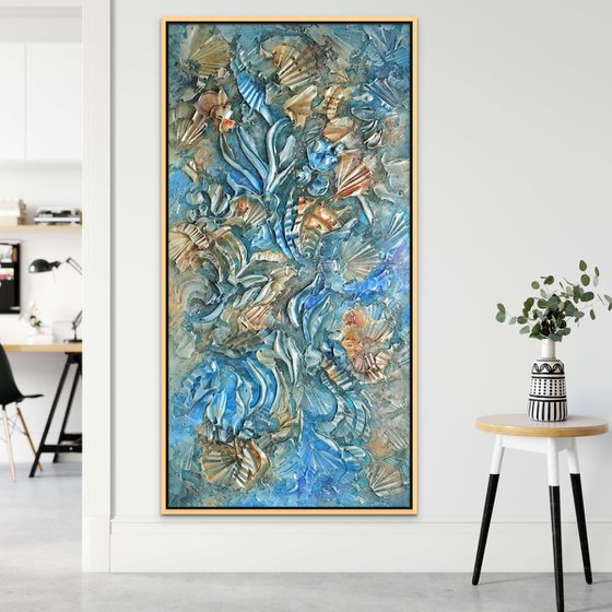 COASTAL TRANQUILITY. Abstract Blue Vertical Painting with 3D Dimensions