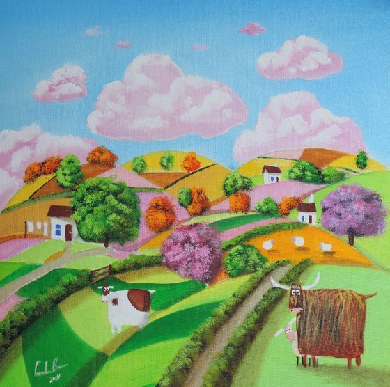 Rolling hills folk art cow