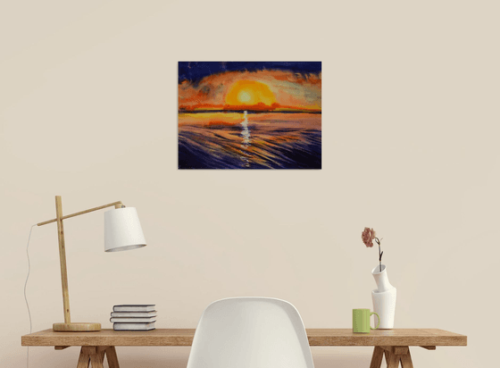 Sunset seascape original watercolor painting, coastal home decor