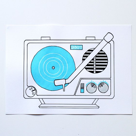 Retro Record Player Pop Art Painting On Unframed A3 Paper