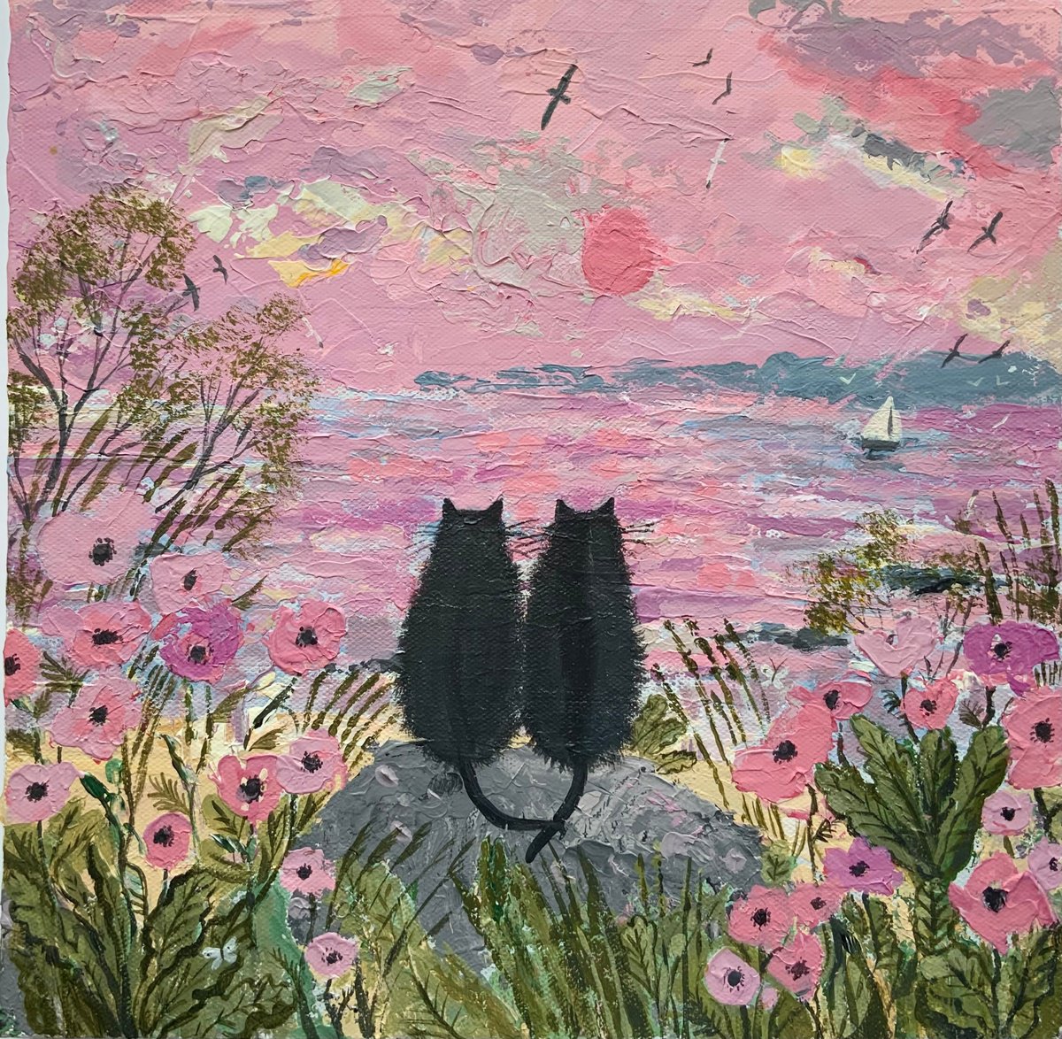 Impressionistic Animal Acrylic Painting By Mary Stubberfield, 12 X 12", Seaside Cats With Poppies, Original Artwork