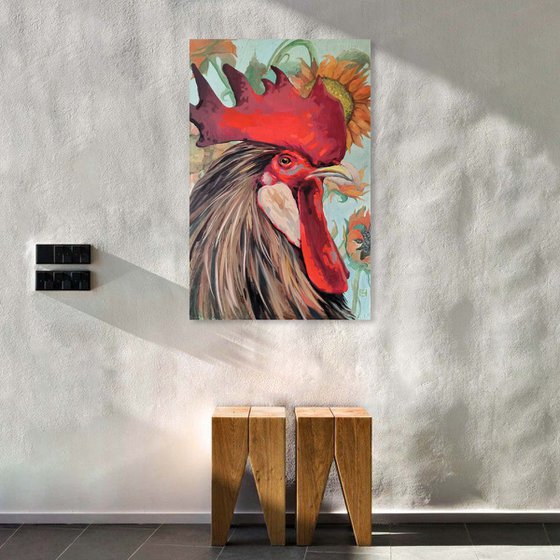 Rooster in sunflowers