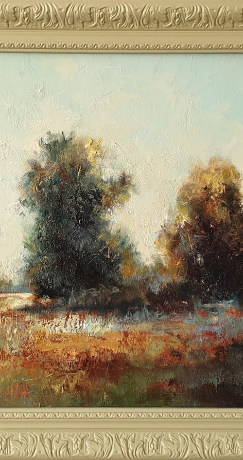 "Quiet evening."  landscape summer trees  liGHt original painting PALETTE KNIFE  GIFT (2020) by Anna Bessonova (Kotelnik)