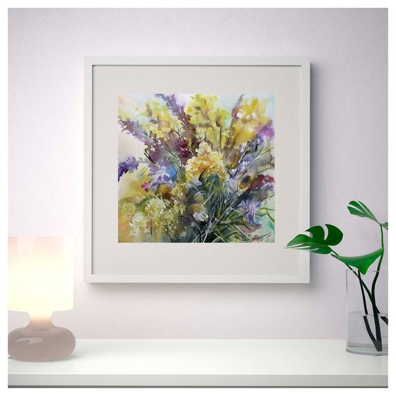 Original watercolor painting, abstract flowers, lupines wildflowers, floral wall art wall decor, nature art artwork native grasses